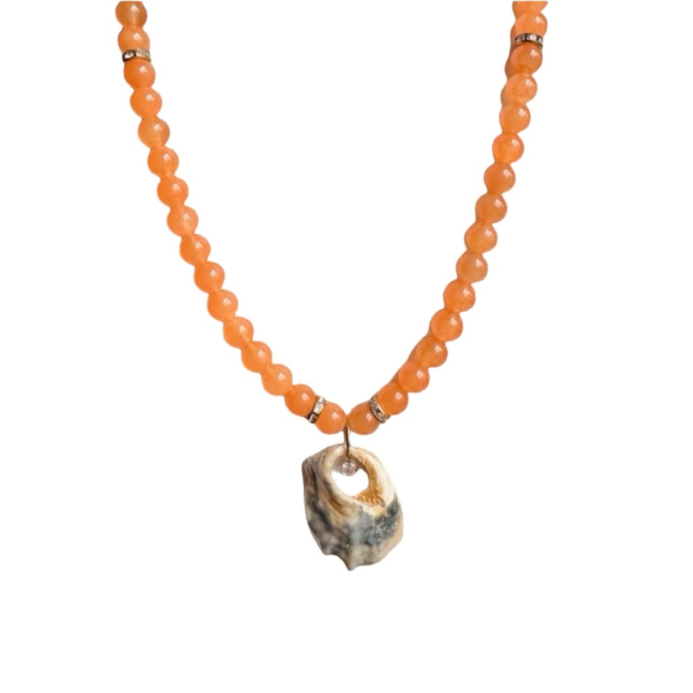 *NWT* Orange Agate Beaded Necklace with Oyster Shell Pendant & CZ Accents